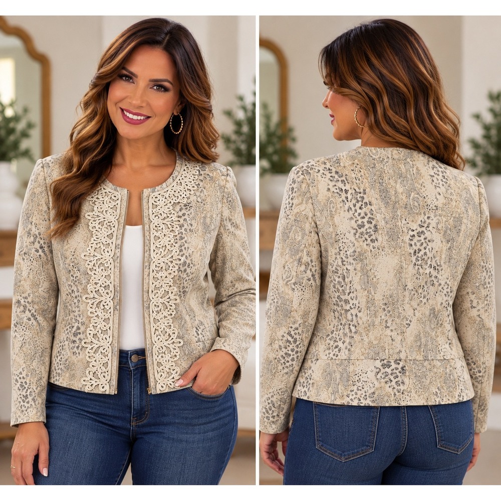 Reba Women XL Paisley Leopard Print Soutache Embroidered Zip Front Jacket Cream
